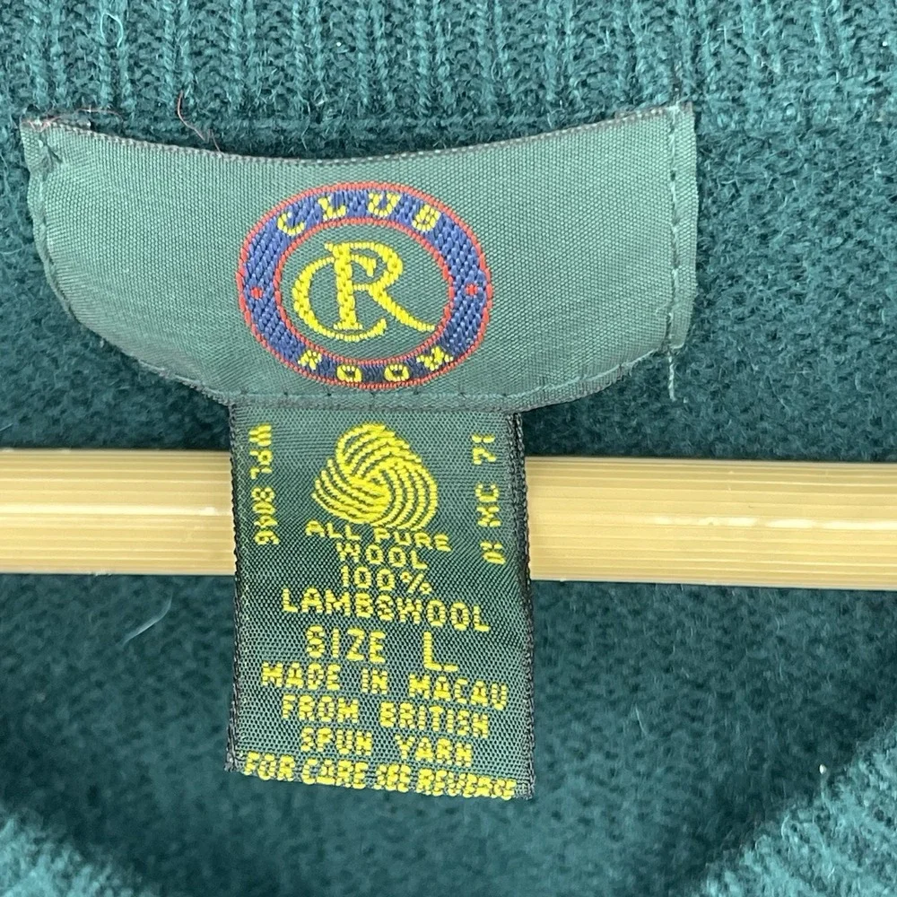 Vintage Club Room 100% Lambswool Green V-Neck Sweater Mens Size L Rare